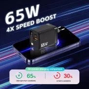 Cargador Rápido 65W USB C con Cable Retráctil y 3 Puertos