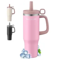Vaso Térmico Rosa 1200 ml con Asa y Pajita - Reacondicionado