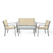 Conjunto de Jardín Beige: Sofá, 2 Sillas y Mesa de Cristal