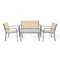 Conjunto de Jardín Beige: Sofá, 2 Sillas y Mesa de Cristal