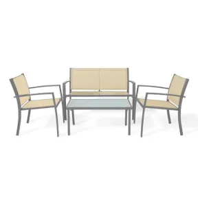 Conjunto de Jardín Beige: Sofá, 2 Sillas y Mesa de Cristal