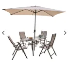 Jardín: Mesa, 4 Sillones y Parasol de Acero