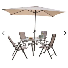 Jardín: Mesa, 4 Sillones y Parasol de Acero