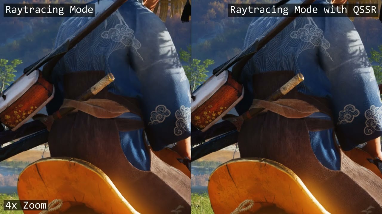 Comparativa oficial de Ghost of Yōtei en PS5: modo Raytracing sin QSSR y con QSSR, ampliado cuatro veces