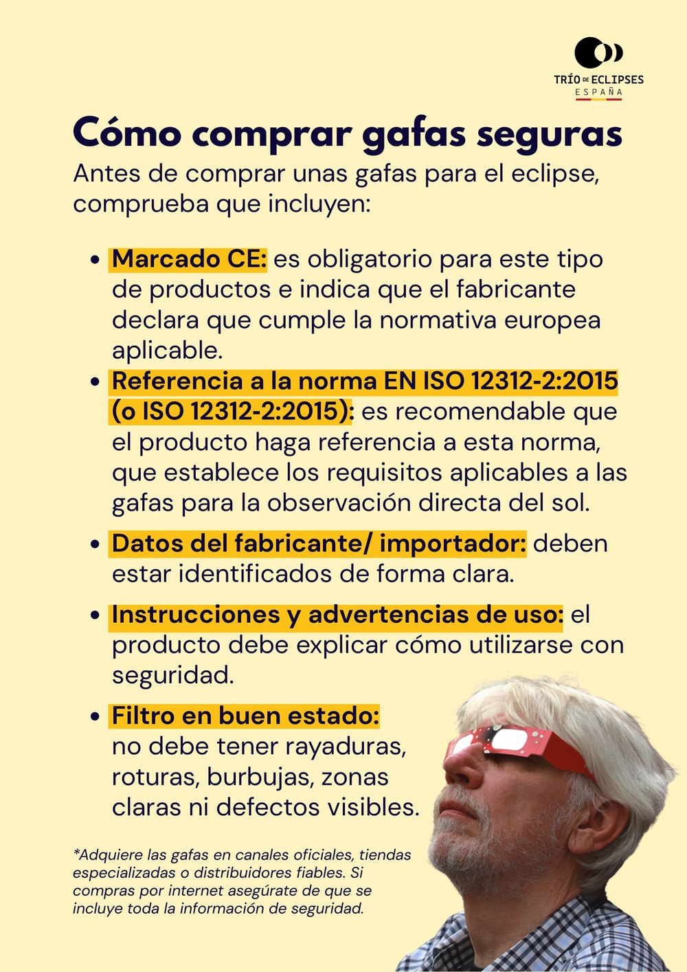 Infografía oficial de Consumo con los requisitos para comprar gafas de eclipse seguras: marcado CE, norma EN ISO 12312-2:2015, datos del fabricante, instrucciones y filtro en buen estado