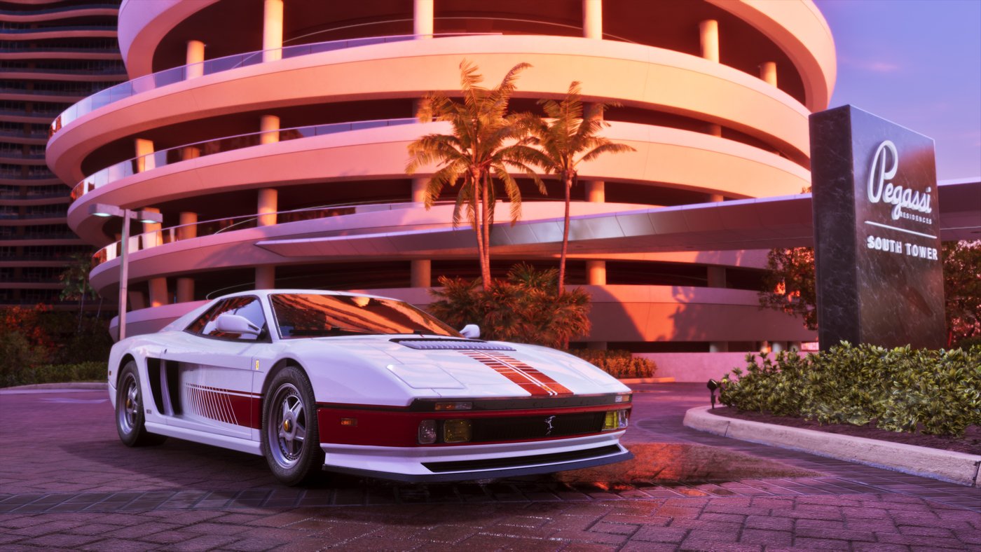 Deportivo blanco Grotti Cheetah de 1995 aparcado frente a un edificio en GTA VI
