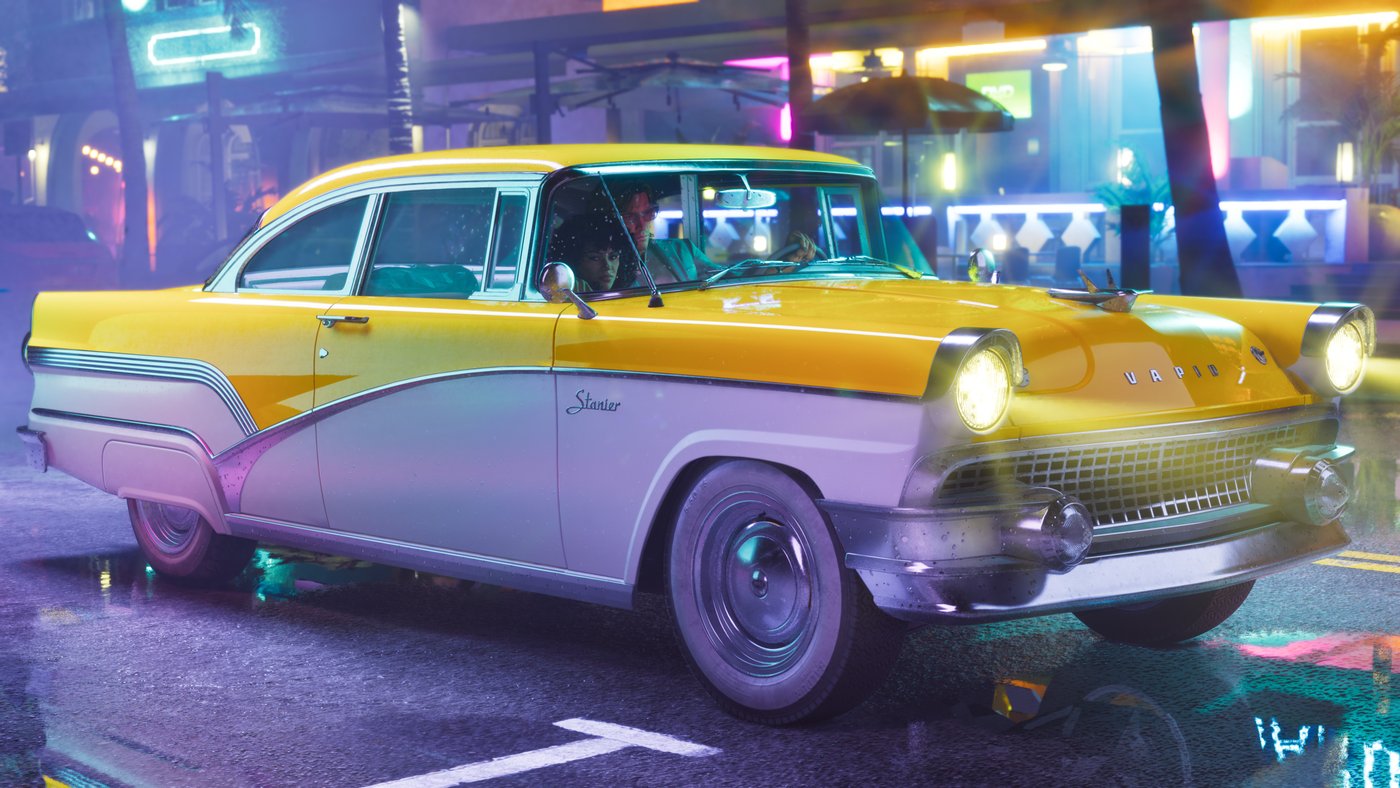 Sedán Vapid Stanier de 1955 en dos tonos, amarillo y blanco, en GTA VI