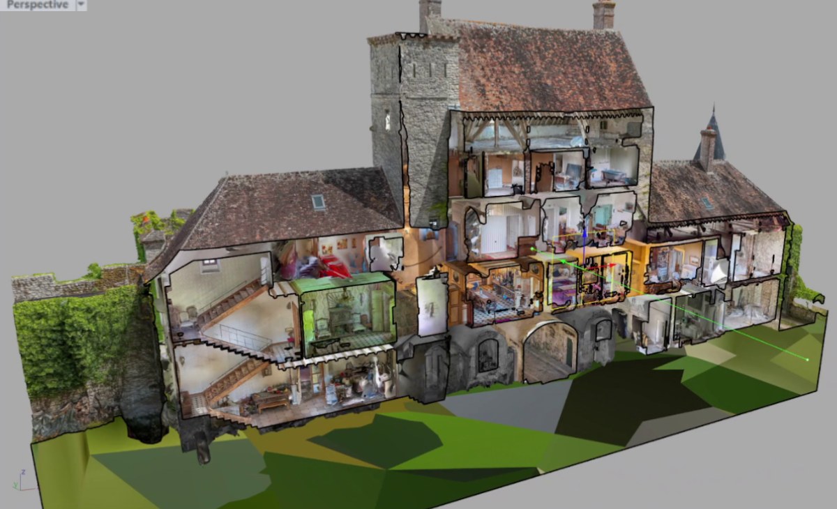 Maqueta en 3D del castillo de Paley con sus edificios y su torre, al estilo de un videojuego