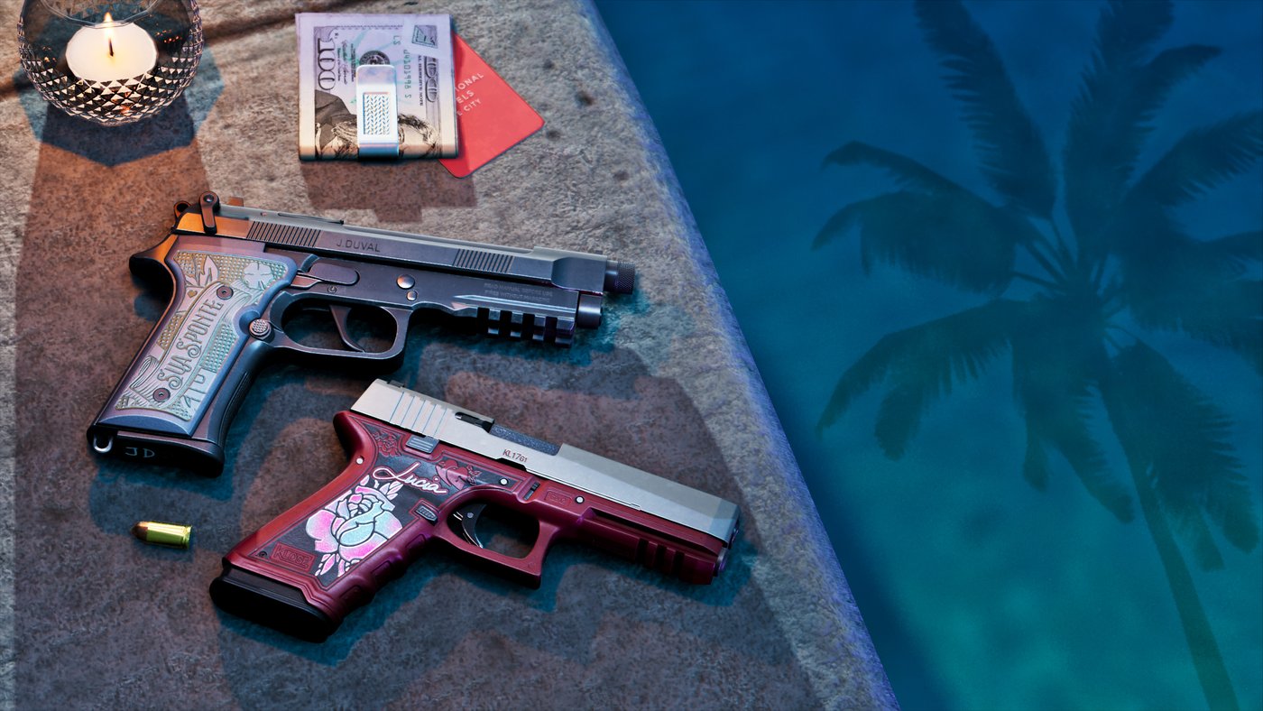 Pistolas personalizadas con grabados de Jason y Lucía en GTA VI