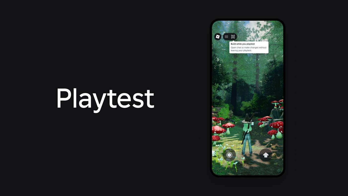 Prueba de un juego creado con Roblox Build: personaje en un bosque con setas gigantes