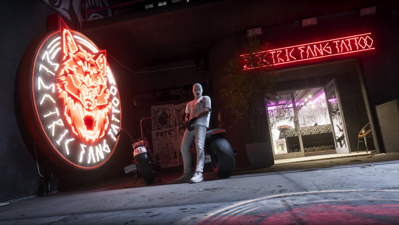 Estudio de tatuajes Electric Fang con su rótulo de neón en GTA VI