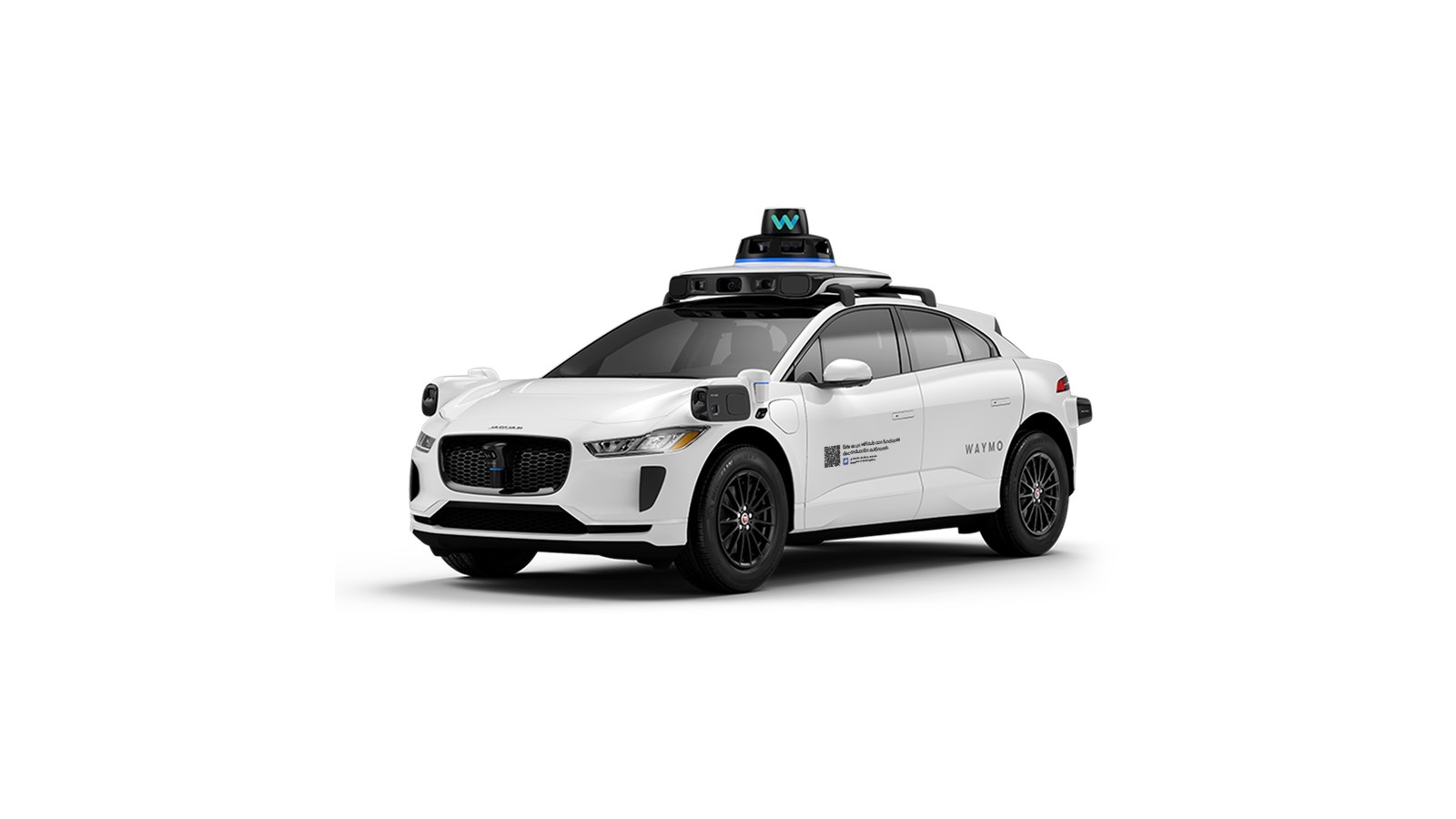 Frontal del Jaguar I-PACE de Waymo con el sensor giratorio en el techo