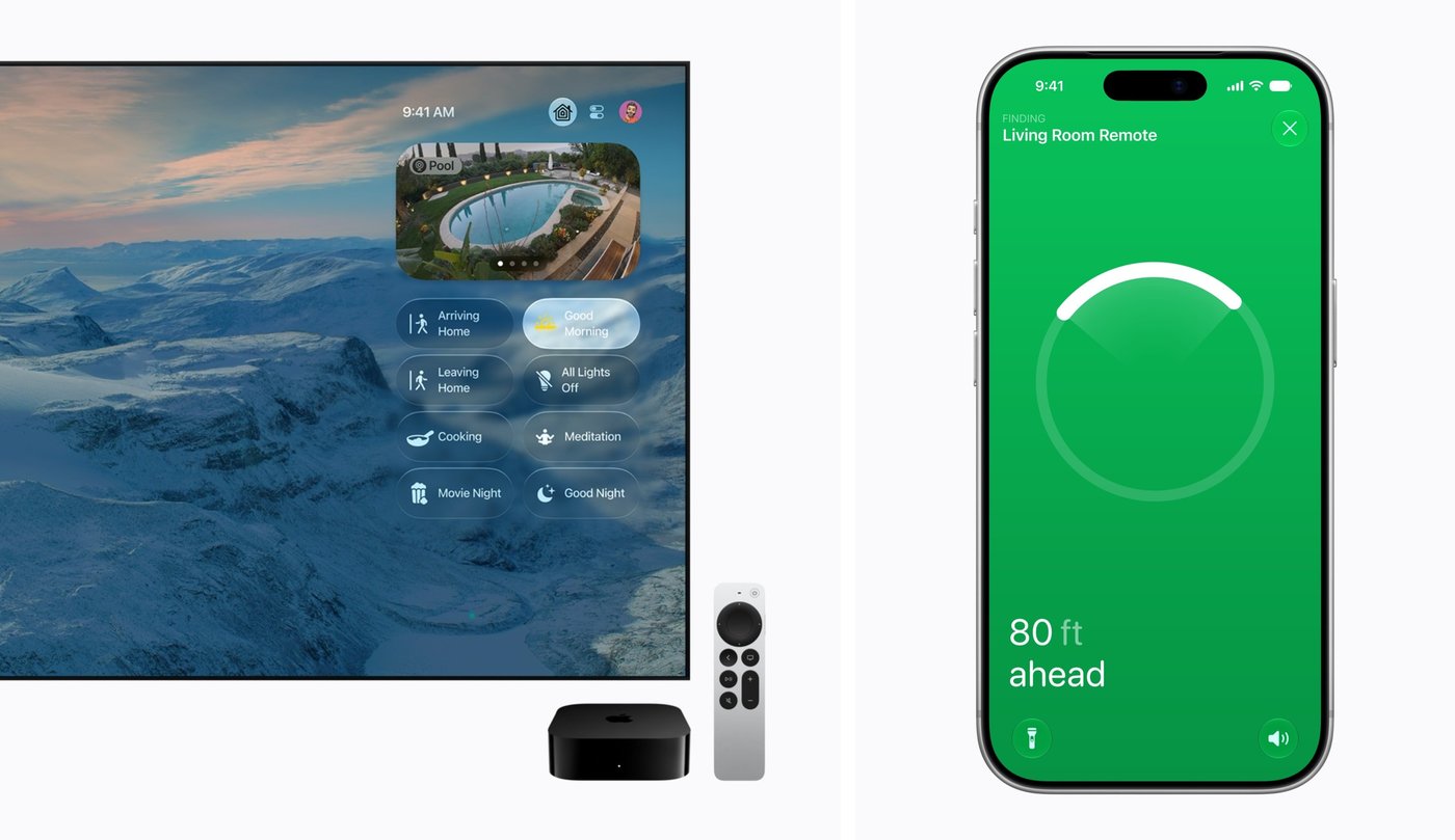 Controles de domótica en el Apple TV 4K y un iPhone localizando el mando Siri Remote
