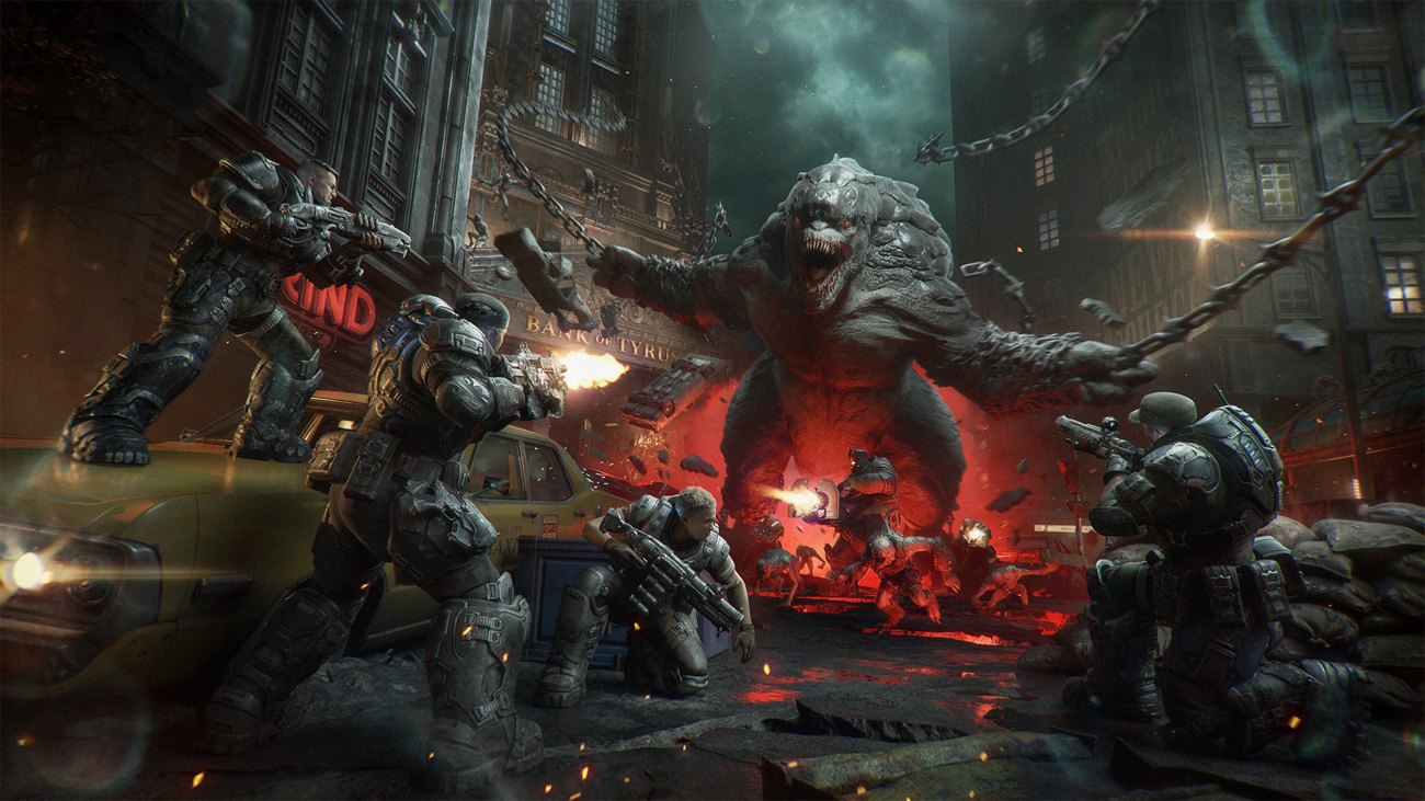 Gears of War: E-Day, modo Horda contra un Brumak en las calles de Sera