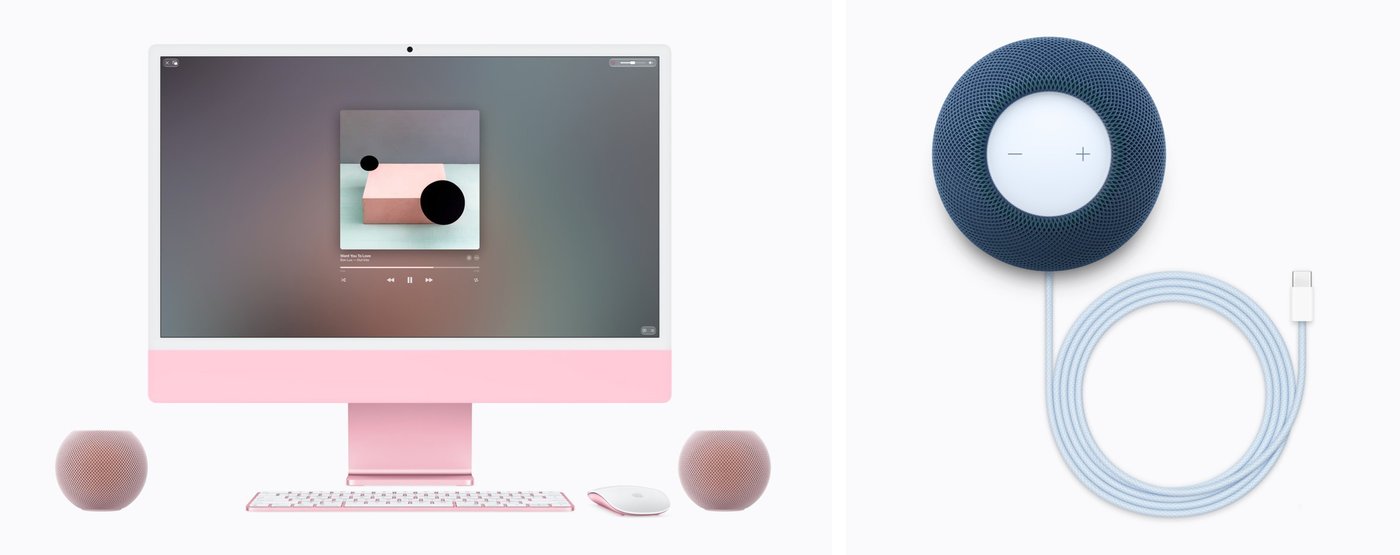 Dos HomePod mini 2 rosas junto a un iMac y un HomePod mini 2 azul