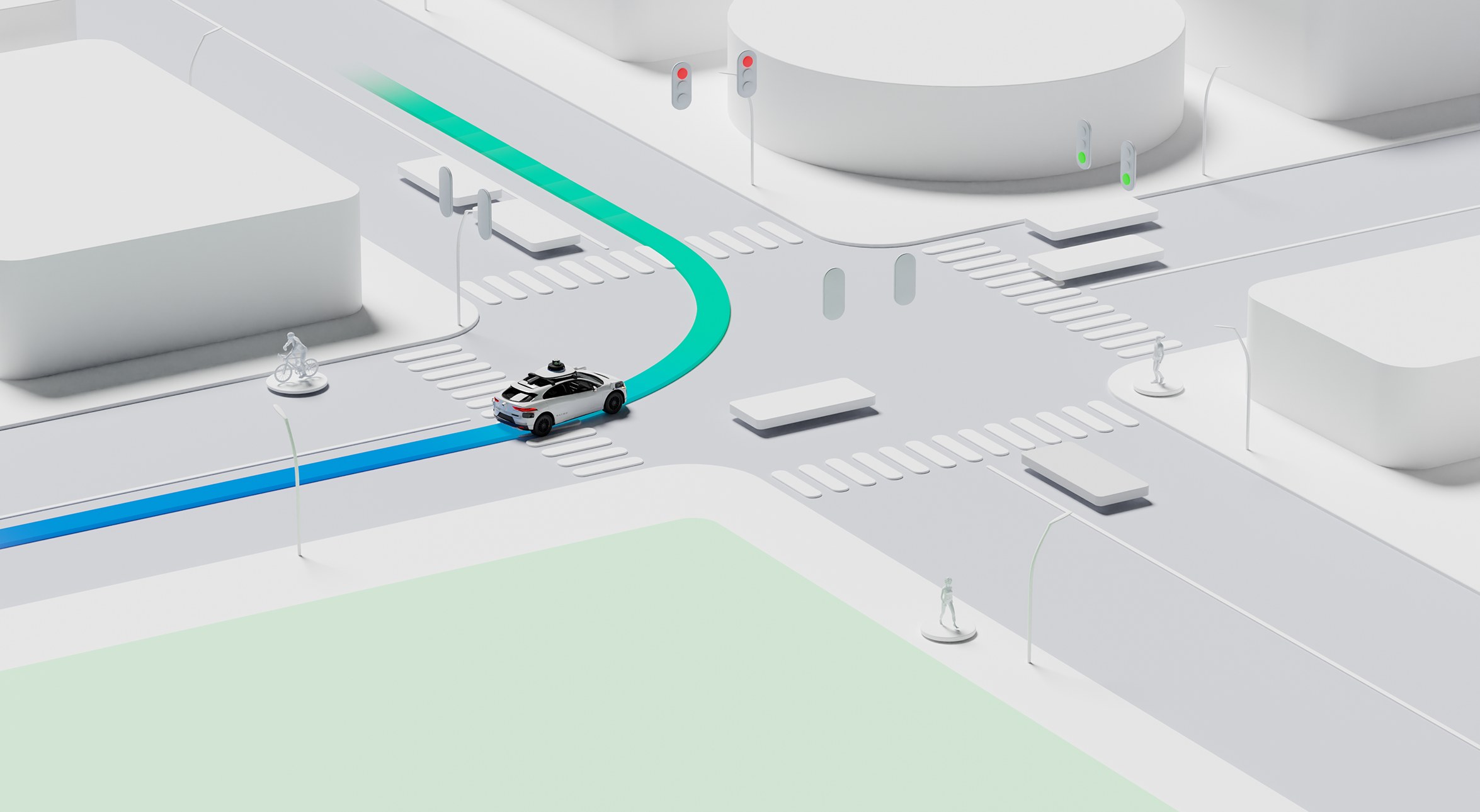 Ilustración de un robotaxi de Waymo calculando su ruta en un cruce