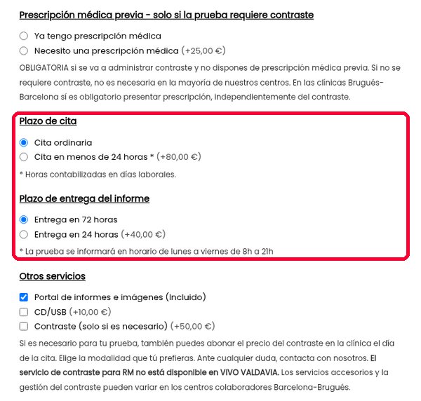Opciones de plazo de cita y de informe con su precio en Mi Diagnóstico