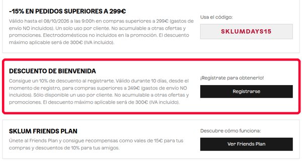 Descuento de bienvenida del 10 % en la página de promociones de Sklum
