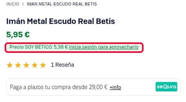 Precio Soy Bético en la ficha de un artículo de la tienda del Real Betis