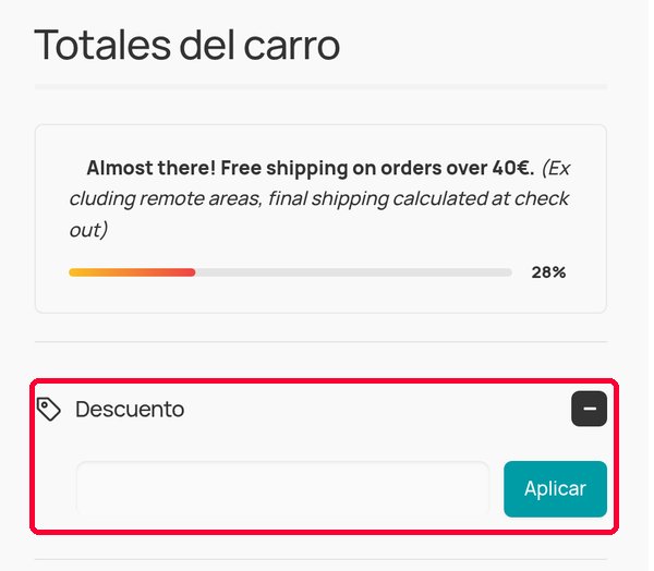 Casilla Descuento y botón Aplicar en el carrito de Sunlu