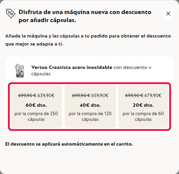 Descuento en máquina Nespresso Vertuo por comprar cápsulas: 20, 40 o 60 euros