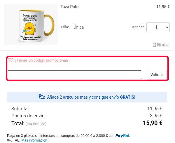 Casilla Tienes un código promocional y botón Validar en la cesta de La Tostadora