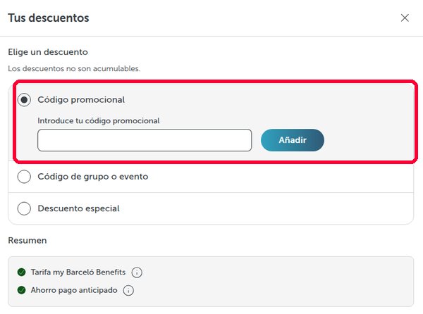 Casilla Código promocional en el panel Tus descuentos de la web de Barceló