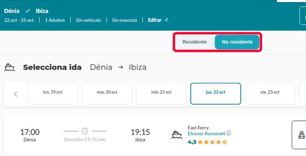 Reserva de ferry en Baleària con la opción Residente o No residente