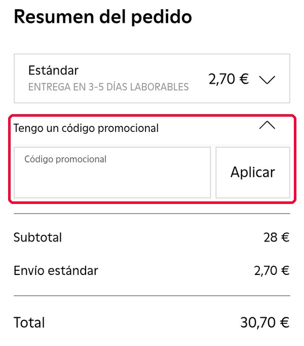 Casilla Tengo un código promocional en la bolsa de Camper