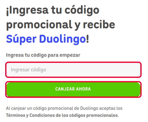 Casilla Ingresar código y botón Canjear ahora de Duolingo para el código promocional