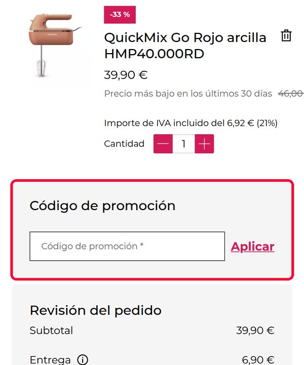 Casilla Código de promoción en la cesta de Kenwood para meter el cupón Kenwood