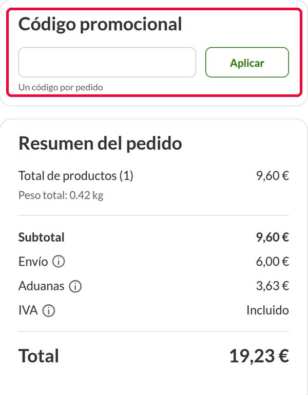 Casilla Código promocional y botón Aplicar en la cesta de iHerb