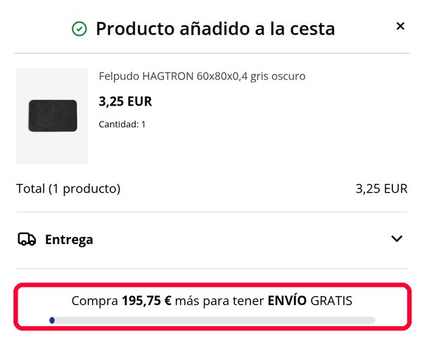 Panel de la cesta de JYSK con lo que falta para el envío gratis