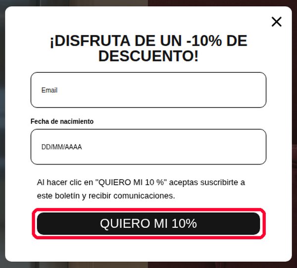 Ventana de la newsletter de Misako con un 10 % de descuento