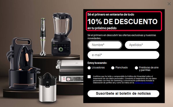 Descuento Braun del 10 % por suscribirse al boletín de la tienda de cocina y planchado