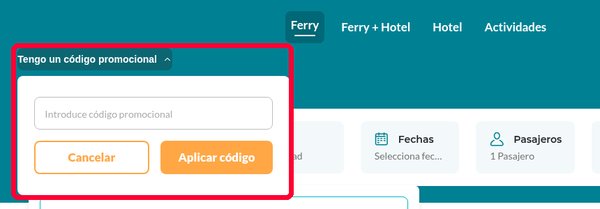Casilla Tengo un código promocional en el buscador de ferris de Baleària