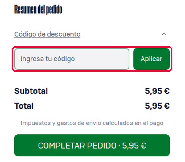 Casilla Código de descuento y botón Aplicar en la cesta de la tienda del Real Betis