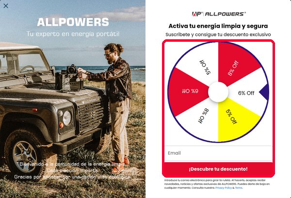 Ruleta de la newsletter de ALLPOWERS con descuentos del 5, 6 y 8 %