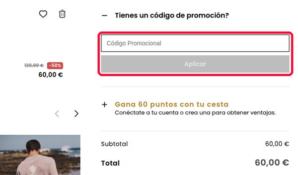 Casilla Código Promocional en la cesta de Quiksilver para meter el cupón