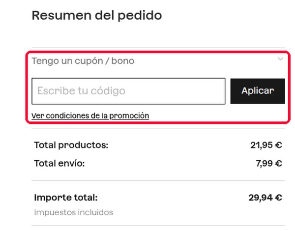 Casilla Tengo un cupón / bono en el resumen del pedido de Sklum