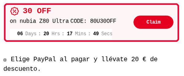 Cuadro de código descuento Nubia con botón Claim en la ficha del Z80 Ultra