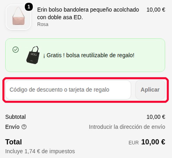 Casilla Código de descuento o tarjeta de regalo en la pantalla de pago de Misako