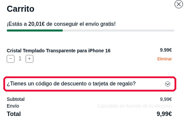 Carrito de La Casa de las Carcasas con la línea del código de descuento