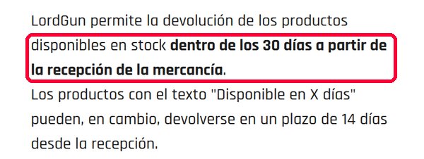 Plazo de devolución de 30 días en la web de LordGun