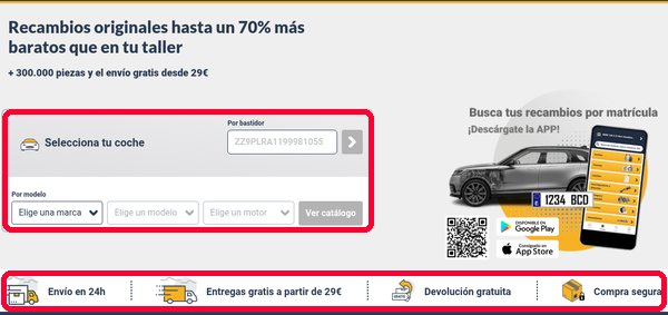Portada de Endado con el buscador por coche y el envío gratis desde 29 euros