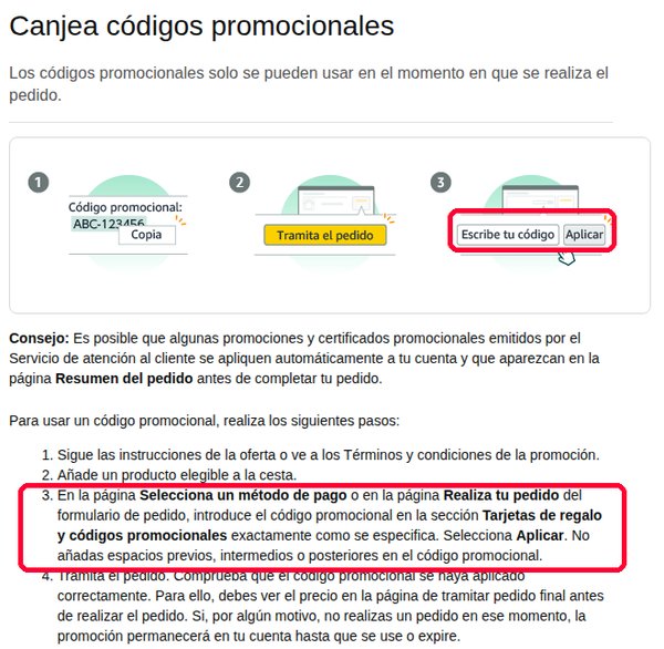 Ayuda oficial de Amazon que explica dónde se mete el código promocional al pagar