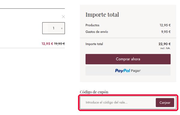 Casilla Código de cupón con el botón Canjear en el carro de la compra de Loberon