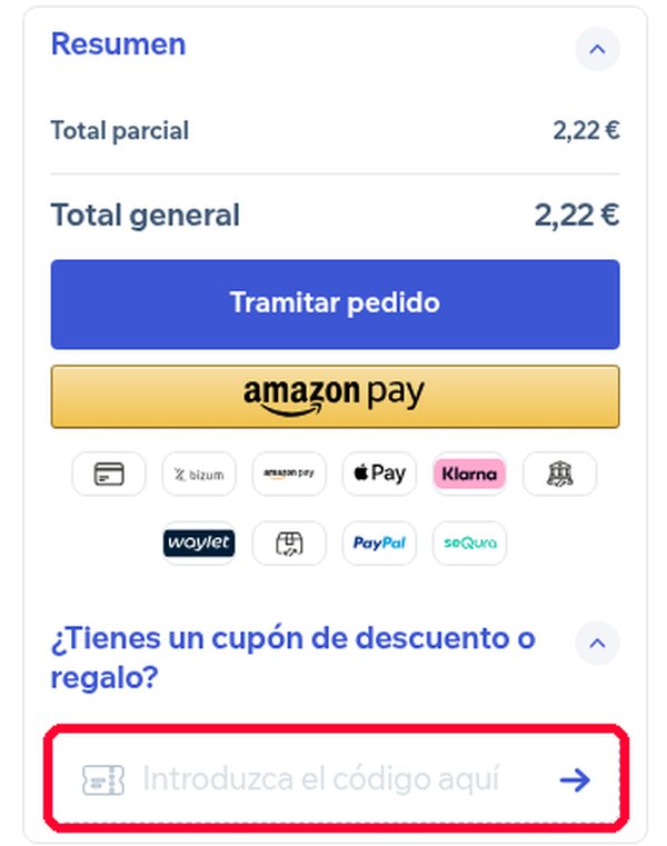 Casilla del código descuento HSN en el carrito