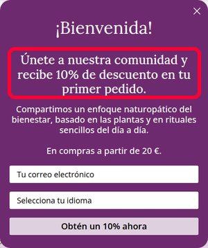 Aviso de bienvenida de Elliotti con el 10 % de descuento del código descuento Elliotti