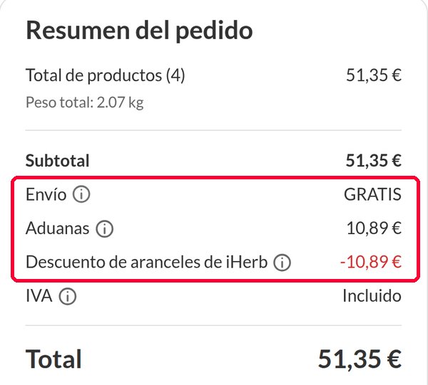 Resumen de la cesta de iHerb con envío gratis y descuento de aranceles